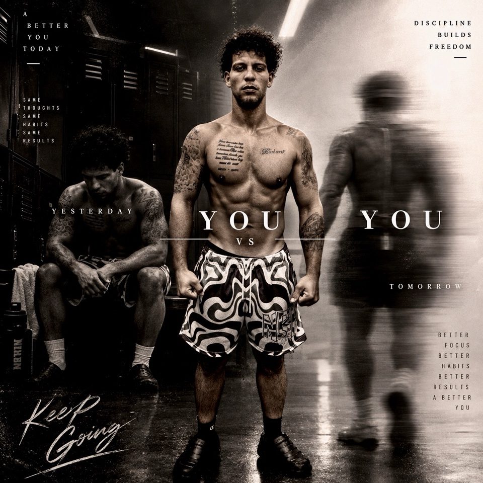 Rome Rizzo in a locker room fitness portrait with a you versus you message